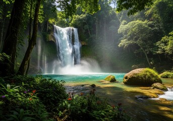 Lush tropical rainforest waterfall cascading into an azure pool with vibrant green foliage and serene natural landscape