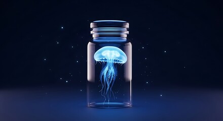 신비로운 푸른 해파리, 유리병 속에서 은은하게 빛나는 몽환적인 순간 \