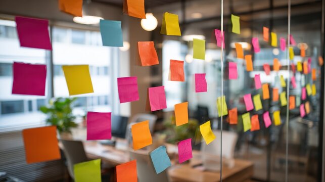 Brightly colored sticky notes arranged on a glass wall in a modern office setting to enhance creativity and organization among team members during a collaborative session