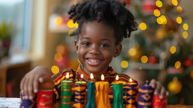 Joyful kwanzaa celebration with kinara and festive lights. Smiling African-American girl with burning candles. Annual celebration of African-American culture