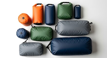 다채로운 방수 가방들이 깔끔하게 정돈되어 밝은 배경 위에 놓여 있다