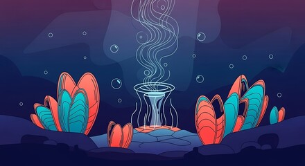 신비로운 심해 생물, 부드러운 파스텔톤 색감과 흥미로운 벡터 일러스트