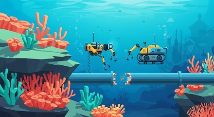 밝고 활기찬 수중 로봇 탐험, 다채로운 산호초와 신비로운 해저 도시 배경