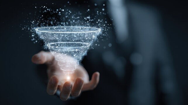 Manager uses hands to control glowing hologram featuring customer data with a modern design in a dark space