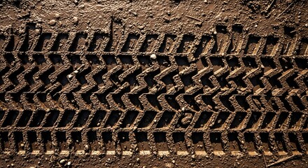 진흙 위에 선명하게 남겨진 타이어 자국, 거친 질감이 생생하게 느껴지다