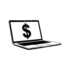 Laptop computer displaying a dollar sign on the screen, symbolizing online business, finance, and digital commerce