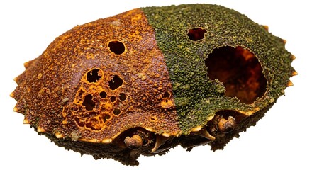 빛나는 흰색 배경 위에 놓인 녹색과 갈색 게 껍질의 클로즈업 샷