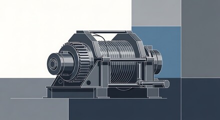 정밀하게 그려진 윈치 기계 장치, 회색조 색상으로 견고한 산업 디자인 강조