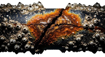 녹슨 파이프 표면에 따개비가 촘촘히 붙어 있는, 낡고 거친 질감의 클로즈업 사진