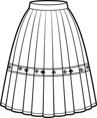 Vector CAD drawing of pleated skirt with waistband, floral trim band, and flared silhouette for fashion design and garment illustration