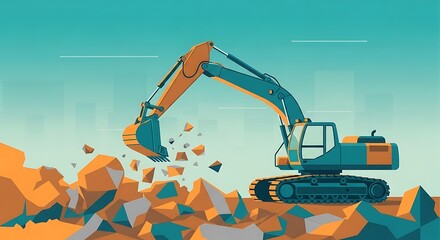 밝은 색감의 굴삭기, 도시 배경 앞에서 힘차게 돌을 파헤치는 역동적인 모습