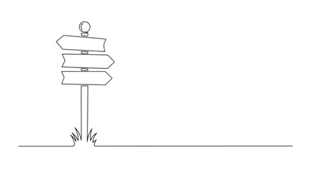 Minimalist one line art drawing of a single directional signpost with multiple blank arrows, representing choices and continuous path. Conceptual graphic for decision making