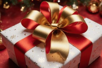 Wrapped Gift Box with Golden Bow and Red Ribbon on Red Background