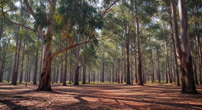 A serene forest scene with tall eucalyptus trees and a path leading through the undergrowth. - Powered by Adobe