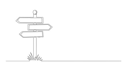 A continuous one line drawing of a single empty signpost with three directional arrows, minimalist style © Purnomo