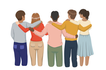 Fototapeta premium multiracial, mixed gender group of young people standing and hugging shoulder to shoulder, viewed from the back - hand drawn illustration of five students or colleagues