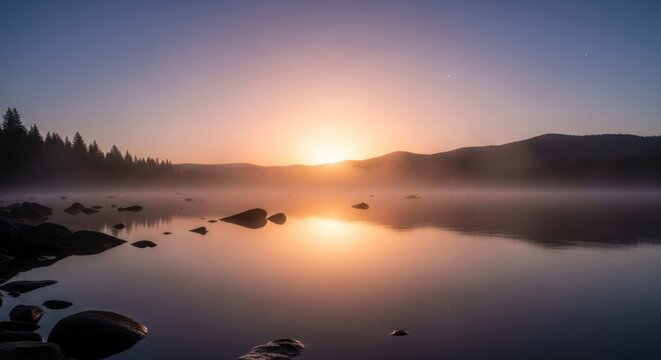 A serene lake at sunset with a golden sun reflecting on the water and a misty horizon.
