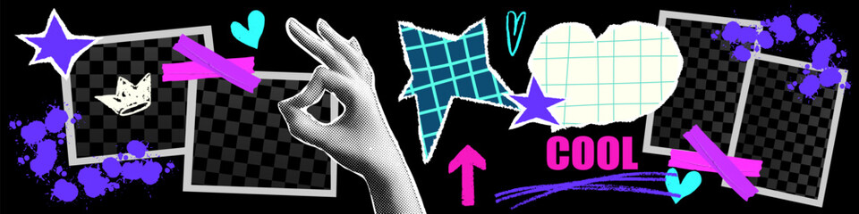 Minimal Y2K collage with soft photo frames. Scrapbook paper y2k details and pastel tape lines highlight cozy scrapbook photo style.