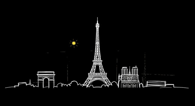 Simple Outline Art of Paris Architecture, Eiffel Tower View with Sunset Highlight