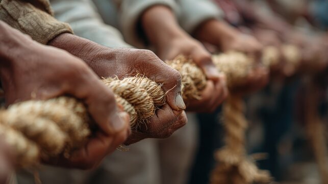 Tug war competition between teams engaging in a fun and challenging strength contest at a community event in the afternoon sunlight