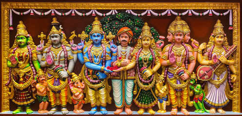 Statue of Hindu gods, Lord Vishnu Marriage, Marriage event art statue, Vishnu, Brahma, Shiva, Ganesha, Hanuman, Muruga, Parvathi , saraswati, Lakshmi, Hindu Temple art Colour ful