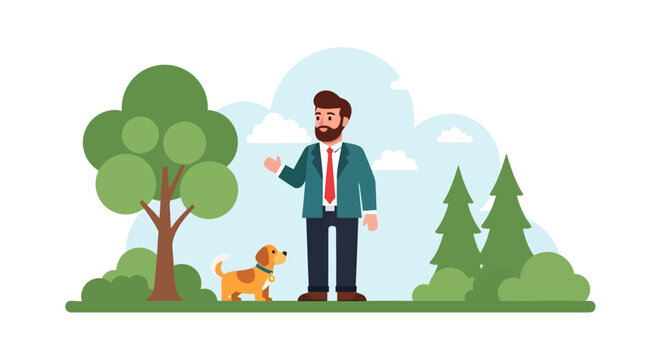 Man and dog enjoying a walk in the park amidst trees and greenery