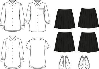 School uniform flat sketch, technical fashion drawing, shirt skirt shoes set, CAD vector template, apparel design illustration, kidswear garment silhouette
