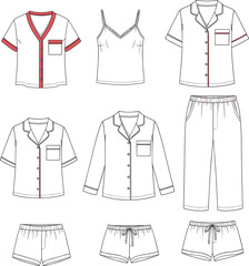 Sleepwear set flat sketch, technical fashion drawing, camisole shirt pants shorts, CAD vector template, apparel design illustration, loungewear garment silhouette