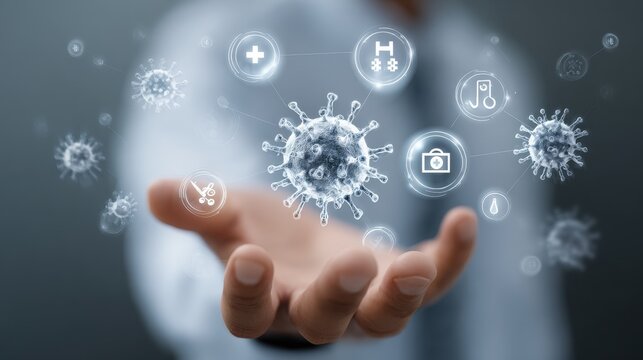 Businessman holds virtual medical connection icons in a modern office during a digital health conference