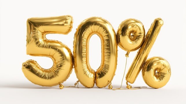 Golden fifty percent sale sign made of inflatable balloons draws attention in a vibrant shopping environment during a special promotion event for eager customers