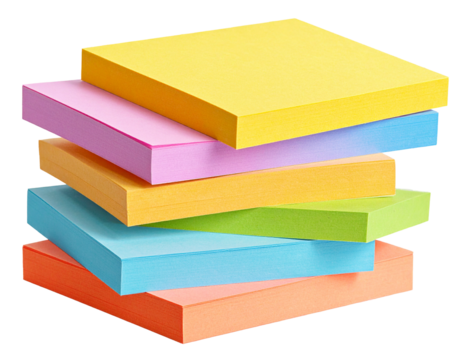 Colorful sticky note paper stack isolated on transparent background