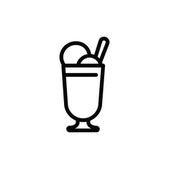 Ice cream milkshake line icon, outline illustration of cold drink in tall glass with scoop, straw, and spoon, representing dessert beverage or sweet treat