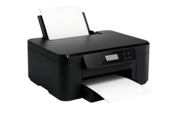 Modern black all-in-one office printer with a blank sheet of paper in the output tray, isolated