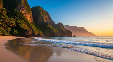 Coastal landscape with mountains and beach at sunset scenic seascape view