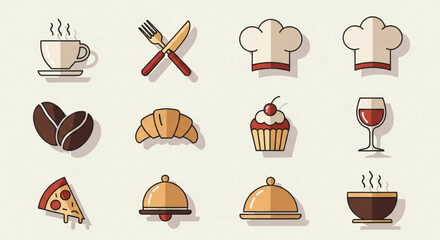 Flat vector illustration of various food and drink items including coffee beans pizza and a wine glass