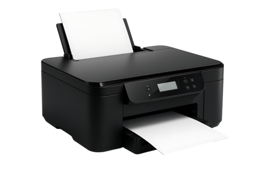 Modern black all-in-one office printer with a blank sheet of paper in the output tray, isolated