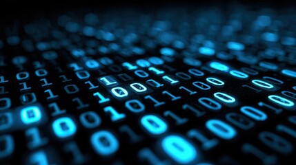 Glowing blue binary code in a close-up representation of digital information processing in a modern technological environment