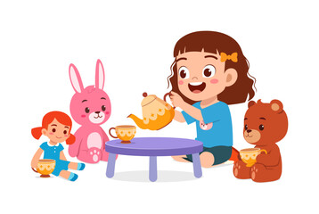 Happy Little Girls and Plush Toys Having a Tea Party with Teapot and Teacups Indoors Illustration