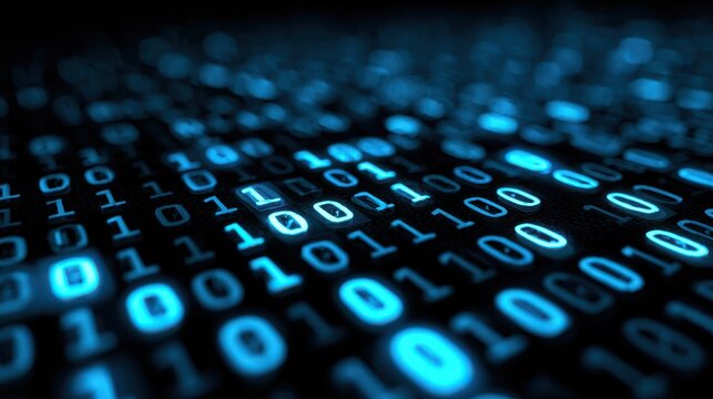 Glowing blue binary code in a close-up representation of digital information processing in a modern technological environment