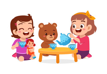 Two Happy Little Girls Play Tea Party with Teddy Bear and Doll Illustration