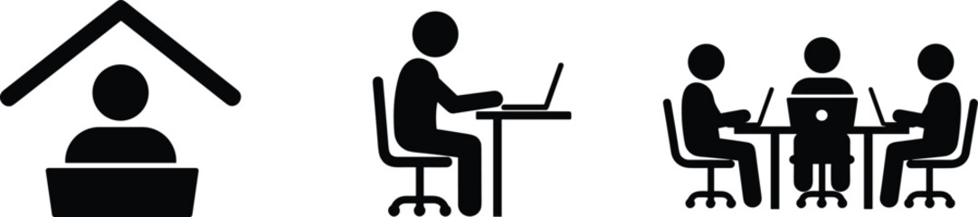 Remote work silhouette, home office vector, coworking team illustration, laptop desk icon, workplace diversity, business collaboration, digital workspace, modern job