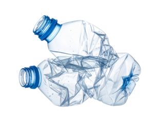 Crushed plastic bottle isolated on white background, environmental waste concept phot 