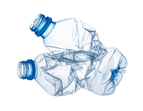 Crushed plastic bottle isolated on white background, environmental waste concept phot 