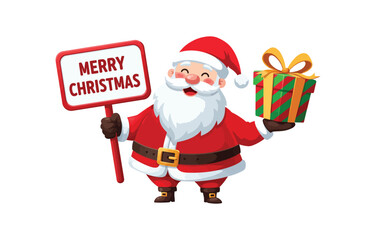 Cheerful cartoon Santa Claus holding a Merry Christmas sign and a festive gift box