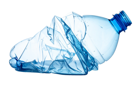 Crushed plastic bottle isolated on white background, environmental waste concept phot 