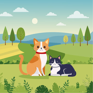 idyllische Landschaft mit zwei Katzen, sie sitzen auf einer Wiese, im Hintergrund sind berge und B&auml;ume und die Sonne steht am Himmel