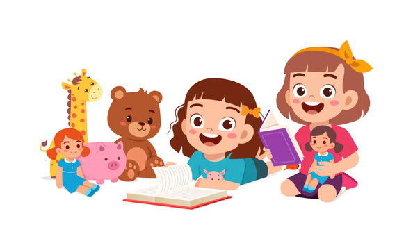 Happy girls reading book with dolls and toy animals illustration design