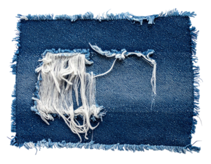 Distressed denim jeans tear isolated on white background, ripped fabric close-up 