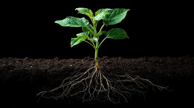 Green seedling demonstrating healthy growth and strong roots in dark soil environment during early sprouting phase