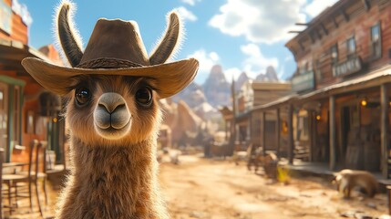 Obraz premium Baby llama wearing hat beside western saloon, cinematic realism
